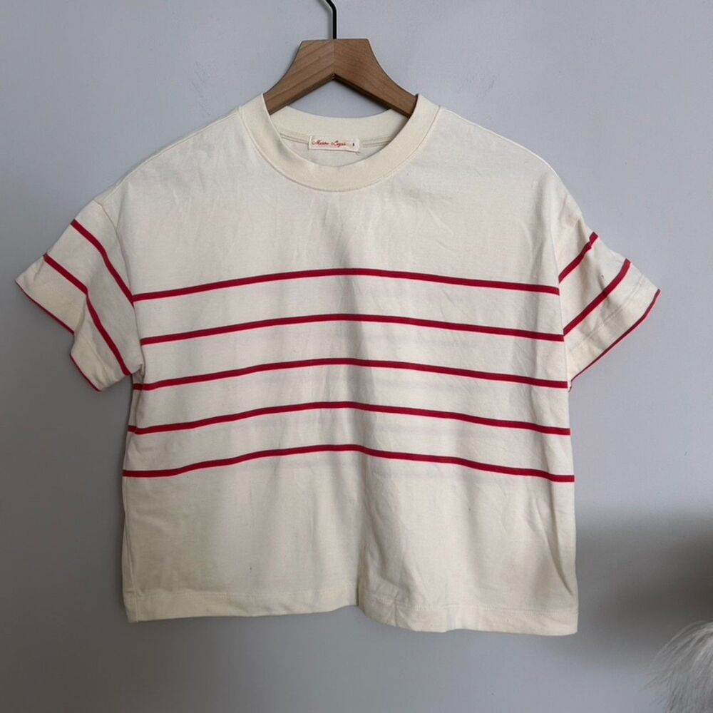 Marine Layer Luxe Sueded Crew Tee Small Red Cream Stripe NIP
